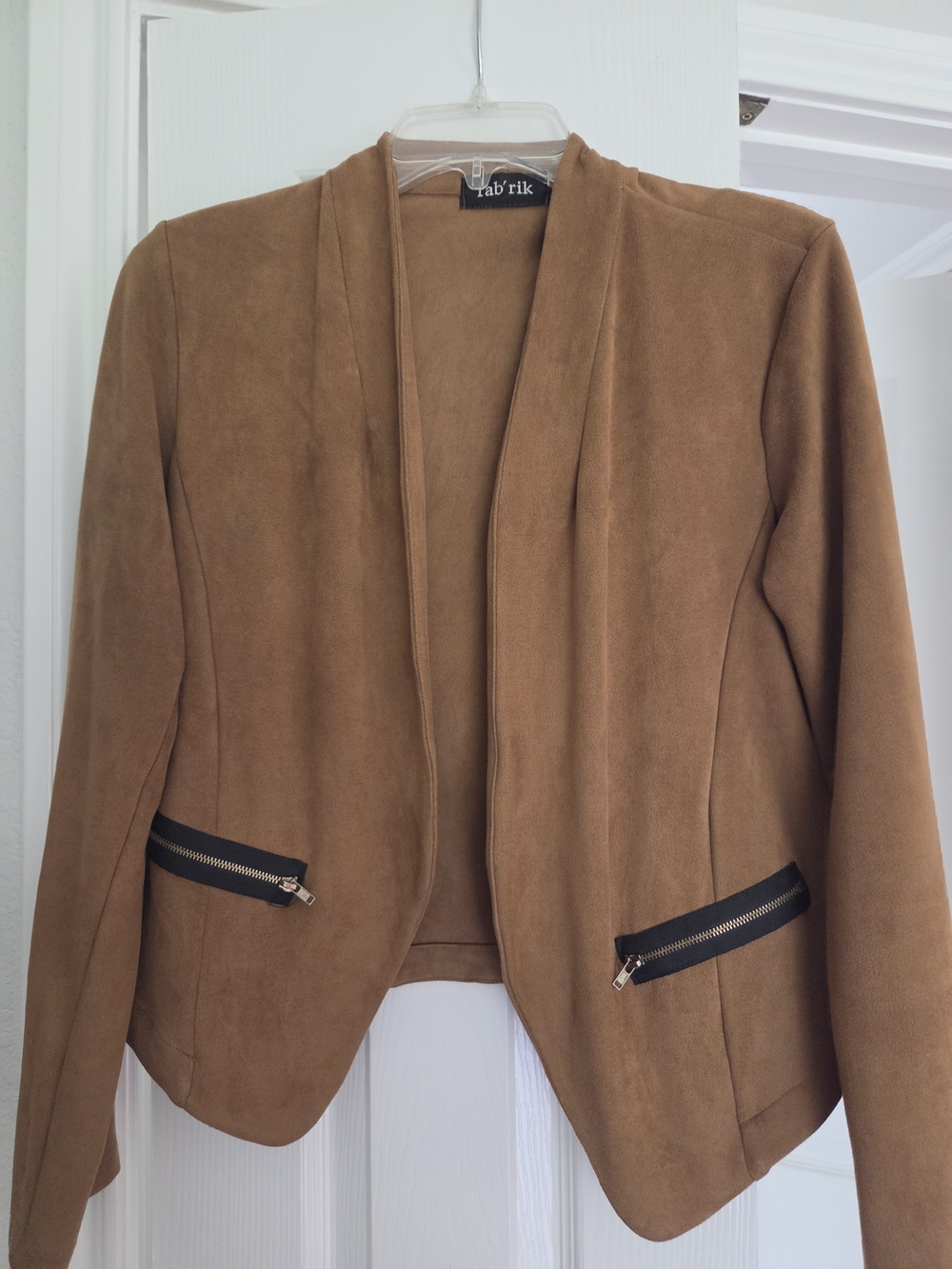 fab'rik Camel Faux Suede Open Blazer with Zip Pockets